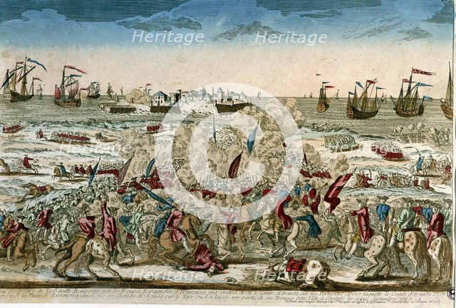 Invasion of Portugal. (1762). 'Taking of Salvatierra on September 16, 1762', colored engraving.