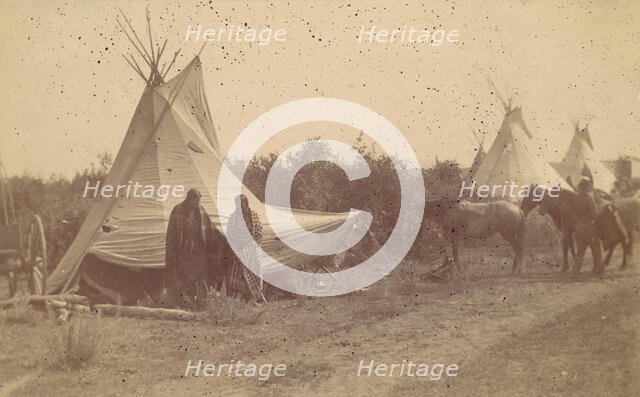 Native American Women and Horses by Teepee in Camp, 1880s-90s. Creator: Unknown.