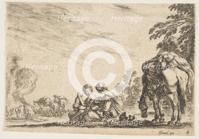 Plate 6: two women, one nursing a child, seated next to a dog and a horse carrying a pack..., 1642. Creator: Stefano della Bella.