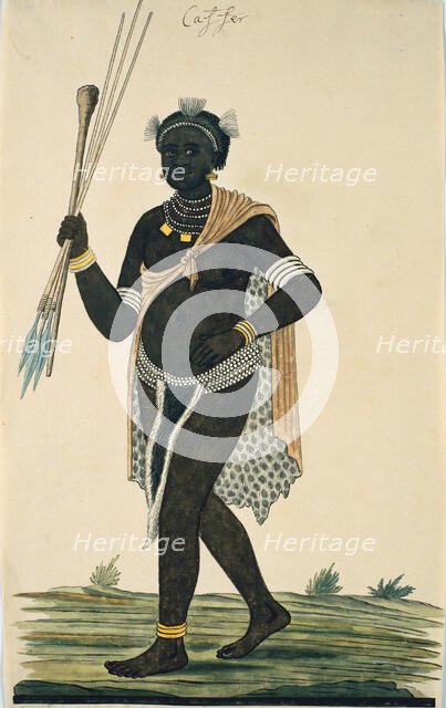 Man holding three assegais and a knobkerrie, 1776-1795. Creator: Robert Jacob Gordon.