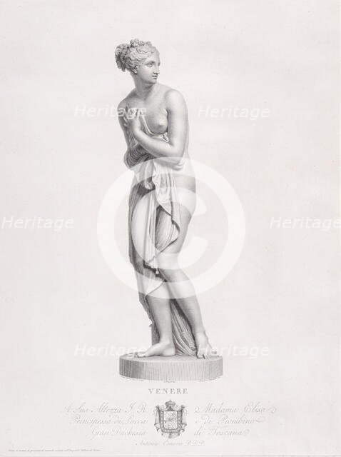 Venus, frontal view. from "Oeuvre de Canova: Recueil de Statues ...", 1817. Creator: Giovanni Tognolli.