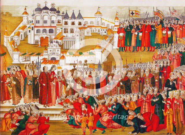 A crowd at the Hypatian Monastery imploring Mikhail Romanov's mother to let him go to Moscow and bec Artist: Matveyev, Artamon Sergeevich (1625-1682)