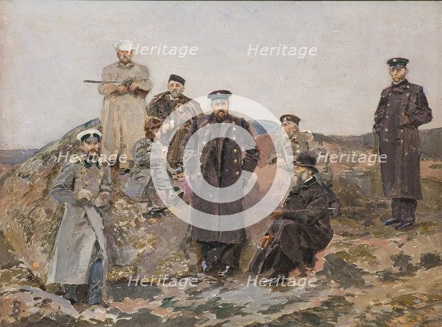 Group portrait of Savva Mamontov, Sergei Witte with the railway engineers.
