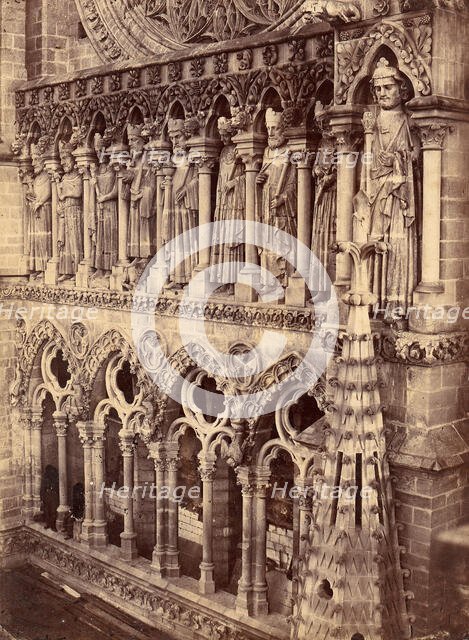 Pointed Arches, Sculptural Saints, and Rose Window on Unidentified Cathedral, 1880s. Creator: Unknown.