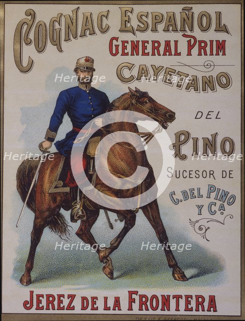 Label of the cognac 'General Prim' from the Cayetano del Pino wineries in Jerez de la Frontera, 1…