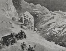 Driving the mail wagon pulled by horses during a snowstorm, Puerto de Pajares, Spain, 1878.  Creator: Bernardo Rico.