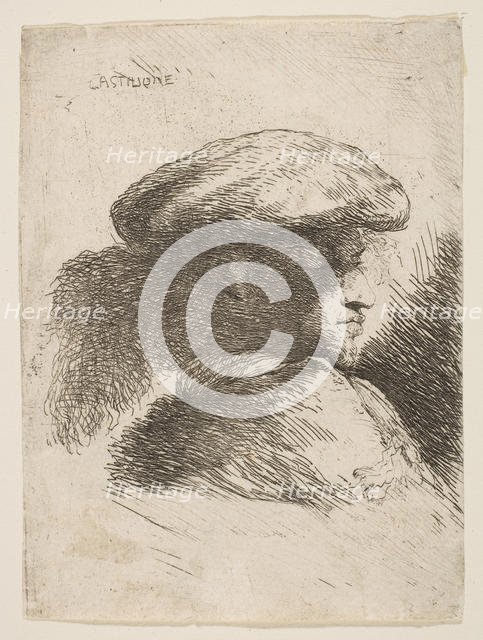 Man in profile facing right, wearing a fur hat, from series of 'Small Heads in Or..., ca. 1645-1650. Creator: Giovanni Benedetto Castiglione.