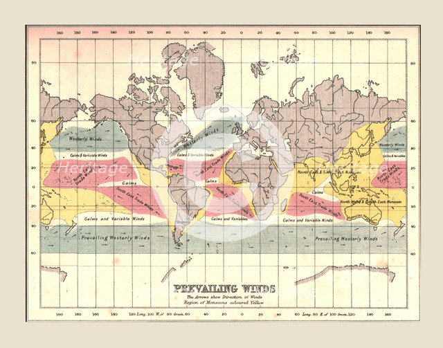 World Map showing Prevailing Winds, 1902.  Creator: Unknown.