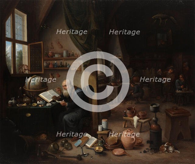 An alchemist in his laboratory, c1680s. Creator: Follower of David Teniers II.