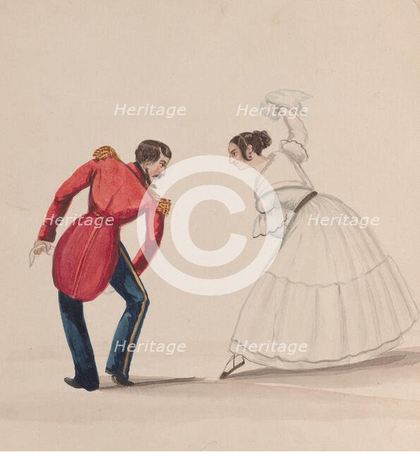 A Peruvian man and woman dancing the Zamacueca, from a group of drawings depicting..., ca. 1848. Creator: Attributed to Francisco (Pancho) Fierro.