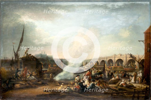 Westminster Bridge and the Thames Procession of King Christian VII of Denmark in 1768, 1769. Creator: Martin, Elias (1739-1818).