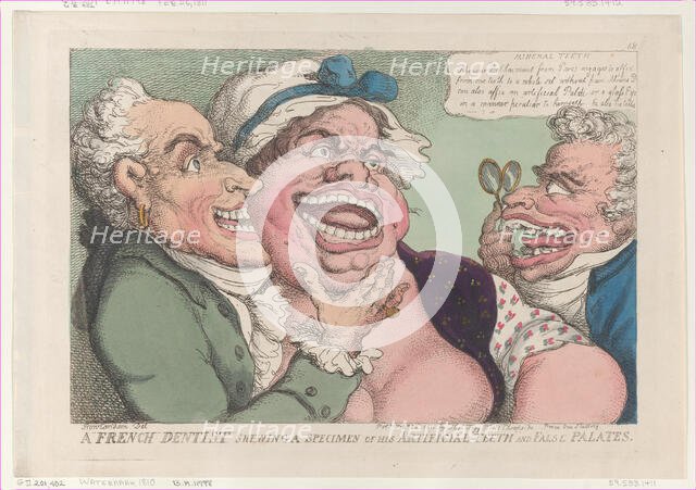 A French Dentist Shewing a Specimen of His Artificial Teeth and False Palates..., February 26, 1811. Creator: Thomas Rowlandson.