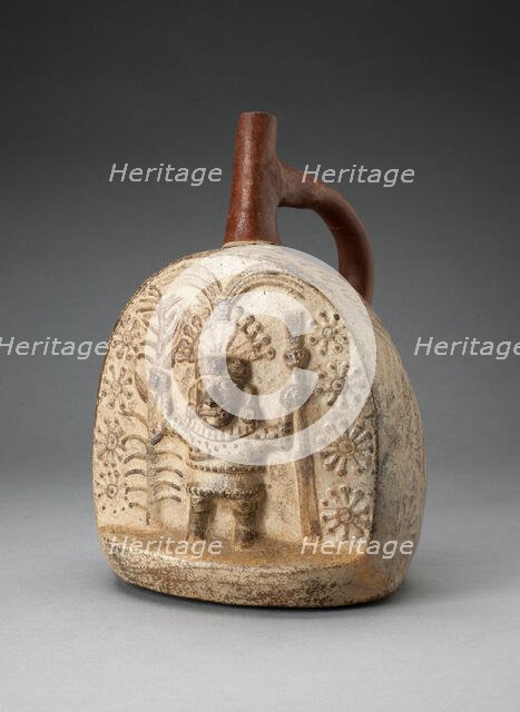 Handle Spout Vessel with Relief Depicting a Standing Figure, Holding Farming Tools, 100 B.C./A.D. 50 Creator: Unknown.