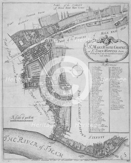 Map of the parishes of St Mary, Whitechapel and St John, Wapping, in Stepney, London, 1755. Artist: Anon