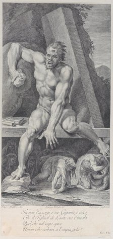 Plate 7: the blinded Polyphemus, guarding the entrance of his cavern, with Ulysses and his..., 1756. Creators: Bartolomeo Crivellari, Domenico Maria Fratta.
