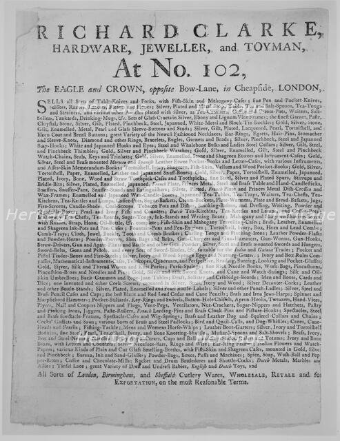 Collection of Trade Cards, Mainly British, 1700 - 1850 [Baron Leverhulme, Volume II], 1700-1850. Creator: Unknown.