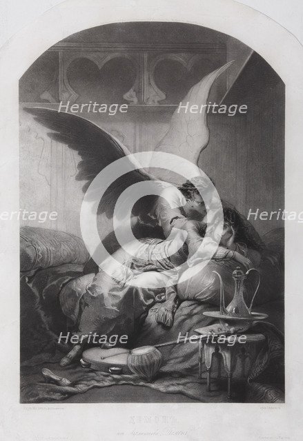 Tamara and Demon. Illustration to the poem The Demon by Mikhail Lermontov, c. 1880. Artist: Zichy, Mihály (1827-1906)