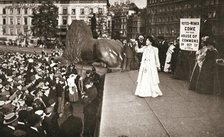 Christabel Pankhurst, British suffragette, addressing a crowd in Trafalgar Square, London, 1908. Artist: Unknown