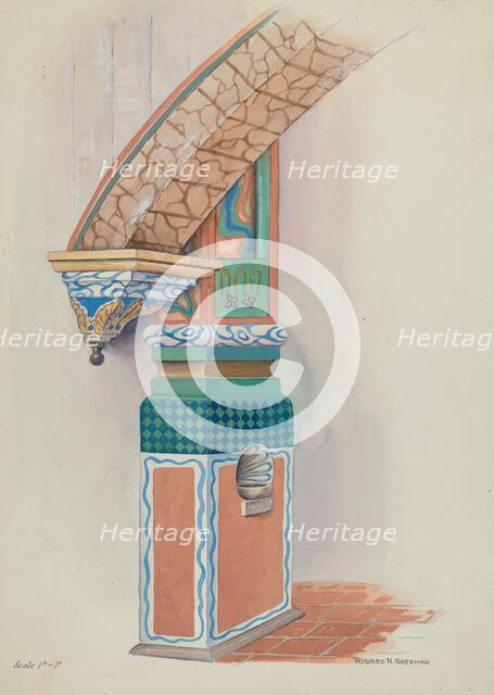 Pilaster with Holy Water-Font & Arch Below Choir Loft, c. 1936. Creator: Howard H. Sherman.