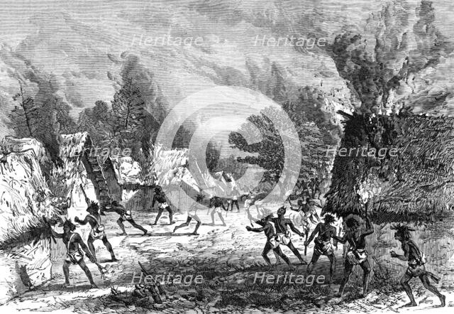 Sketches of the Ashantee War by our special artist: setting fire to a village, 1874. Creator: Unknown.