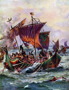 Alfred's galleys attacking the Viking dragon ship, 897 AD, (c1920). Artist: Henry Payne