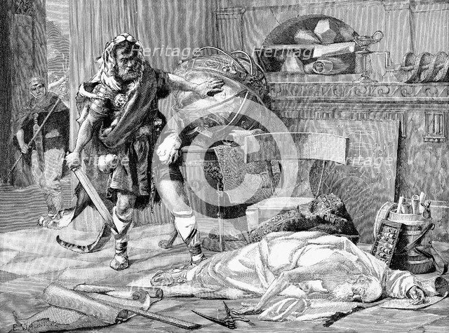 The death of Archimedes at the capture of Syracuse by the Romans, 212 BC (late 19th century). Artist: Unknown