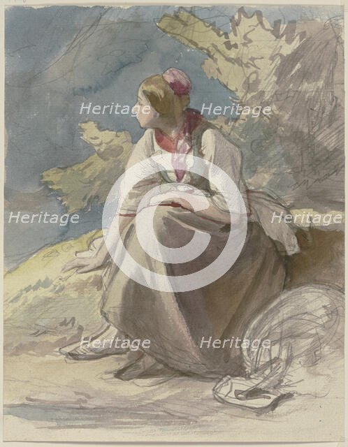 Farm girl sitting on a grass bench facing left, c1830-1872. Creator: Jakob Becker.