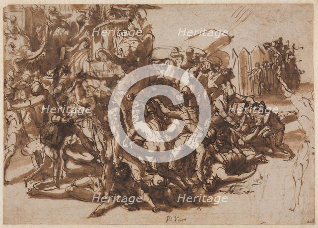 Poros Assailed by the Macedonian Army (recto); Sketches of Animals (verso), c. 1545/47. Creator: Perino del Vaga (Italian, 1500/01-1547).