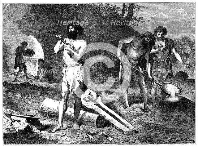 Artist's reconstruction of casting weapons in the Iron Age, 1889. Artist: Unknown