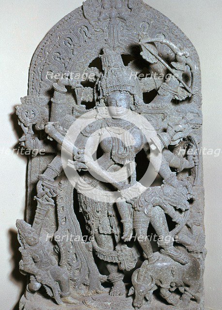 Miniature of Durga killing the buffalo demon, 13th century. Artist: Unknown