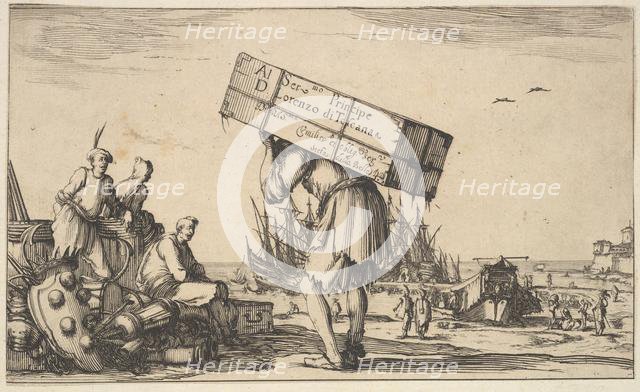 Title page: a man carrying a case on his back in center, three men looking towards him on ..., 1639. Creator: Stefano della Bella.