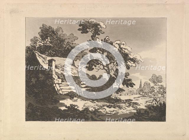 Landscape with Cottage Among Trees at Left, and a Distant Church Spire at Right, 1783-84. Creator: Thomas Rowlandson.