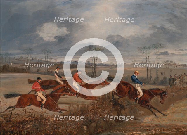 Scenes from a steeplechase: Taking a Hedge, ca. 1845. Creator: Henry Thomas Alken.