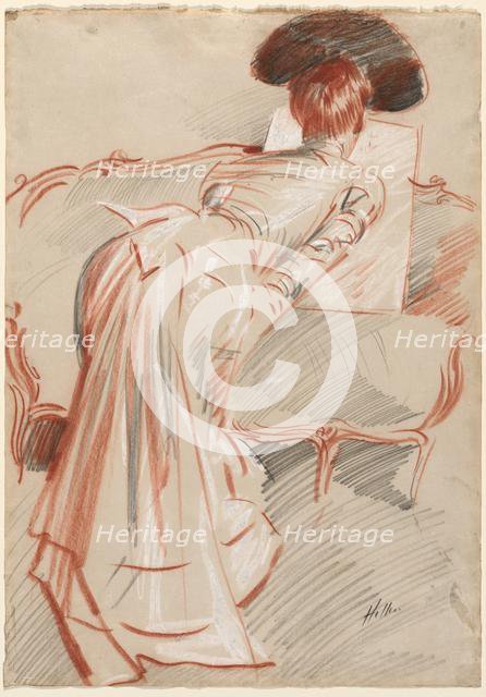 Woman (Possibly Madame Alice Hellu) Looking at a Drawing, c. 1895. Creator: Paul César Helleu (French, 1859-1927).
