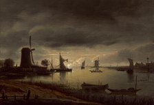River Scene with Windmill and Boats, Evening, c. 1645. Creator: Anthonie van Borssom.