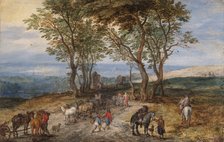 'Country Road Scene with Figures: a Man Praying at a Shrine', c1610. Artist: Jan Brueghel the Elder.