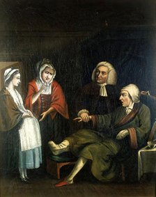 A physician (William Cullen?) taking the pulse of a gouty bachelor..., c1770s. Creator: Unknown.