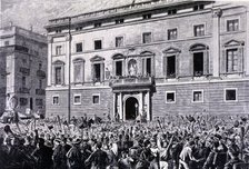 Proclamation of the Republic in 1873, Sant Jaume Square in Barcelona on February 21, 1873, engrav…