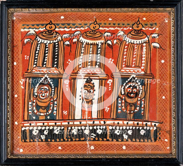 Balarama, Subhadra and Jagannath in three shrines surmounted by winged domes, c1880/1910. Creator: Unknown.