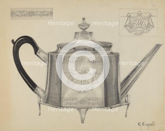 Silver Teapot with Tray, c. 1936. Creator: Giacinto Capelli.