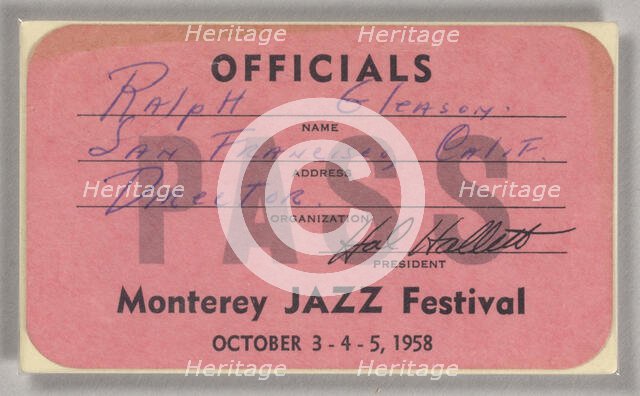 Official pass for the Monterey Jazz Festival, 1958. Creator: Unknown.