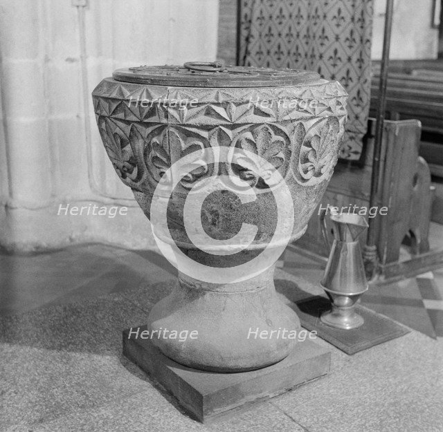 Font in St Nicholas' Church, Fowey, Cornwall, 1945. Artist: Eric de Maré