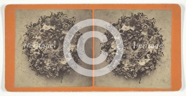Untitled [wreath of roses with portrait photograph], 1879. Creator: Frank Lawrence.