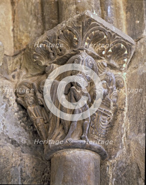 The sacrifice of Isaac, decoration of a capital in the south side porch of the cathedral of Jaca.