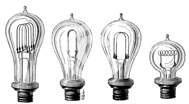 Edison's incandescent lamps showing various forms of carbon filament, 1883. Artist: Unknown