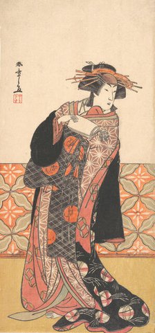 Nakamura Riko as Richly Clad Courtesan Standing in a Room, ca. 1778. Creator: Shunsho.