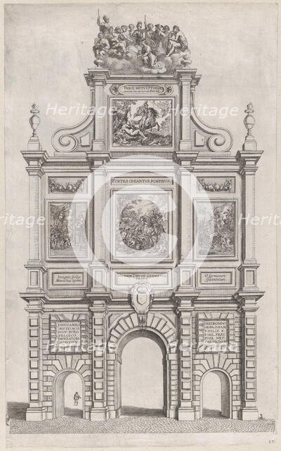 Plate 27: Triumphal arch, elevation of the back, surmounted by allegorical figures and dec..., 1636. Creators: Johannes Meursius, Willem van der Beke.