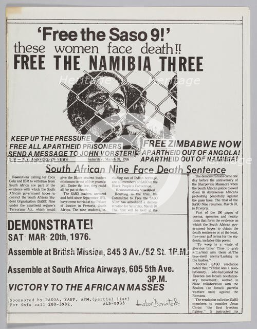 Flyer announcing "free the Saso 9" protest, 1976. Creator: Unknown.