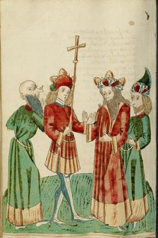 Avenir and Josaphat with Two Scholars; Barlaam und Josaphat, 1469. Creators: Hans Schilling, Diebolt Lauber.