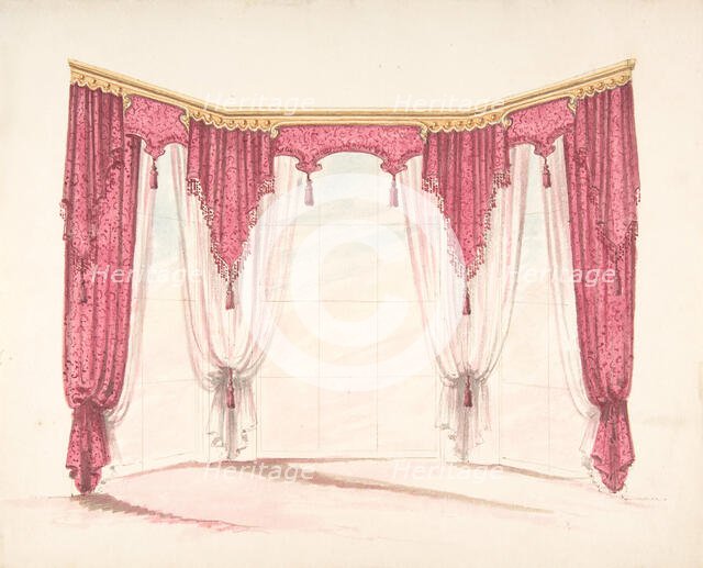 Design for Red Curtains with Red Fringes and a Gold Pediment, early 19th century. Creator: Anon.